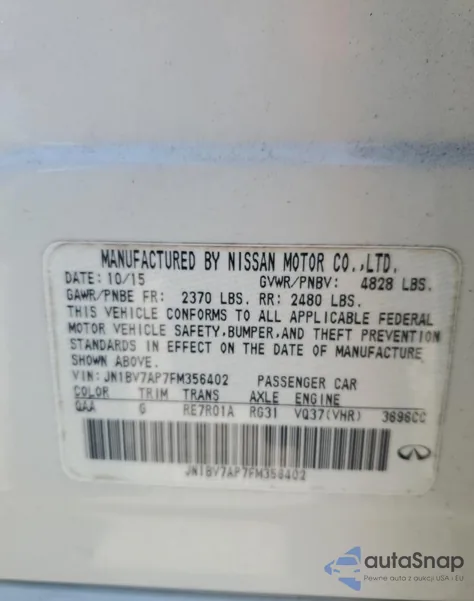 2015 Infiniti Q50 Base z USA, uszkodzony, nr VIN JN1BV7AP7FM356402